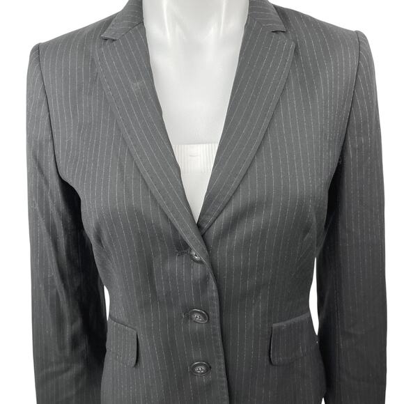 Calvin Klein Black Pinstriped Notch Collar Stretch Button Blazer Coat Jacket 2 - Picture 3 of 5